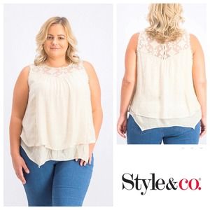 Style & Co Viscose & Lace Summer Top Layered Hem Blouse Ecru Layered Hem Tunic